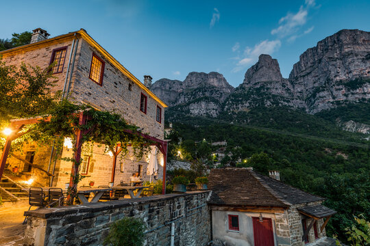 Evening in traditional mountain greek village Papingo Mikro near Vikos Gorge, Greece