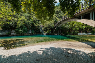 Mikro Papingo, Grece - July 15, 2020 - Voidomatis river near Papingo bridge in Pindus Mountains
