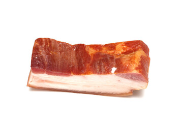 a piece of meat on a plate. piece of bacon on white. bacon on white background. pork on white background. slice of bacon.