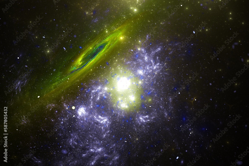 Poster purple green stardust clouds in black space. abstract fractal 3d rendering