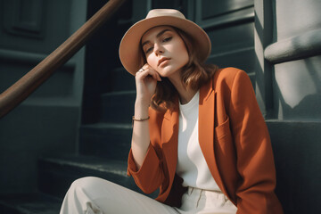 Fashion minimal fashion style, fresh and simple clothes. show the comfort,women model posing beautiful wear clothing hat and sunglasses minimal style collection trendy casual attire summer coolspring.