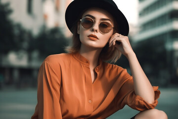 Fototapeta premium Fashion minimal fashion style, fresh and simple clothes. show the comfort,women model posing beautiful wear clothing hat and sunglasses minimal style collection trendy casual attire summer coolspring.