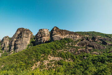 Kastraki, Grece - July 15, 2020 - Panorama of Kastraki Village at Meteora with high rocks