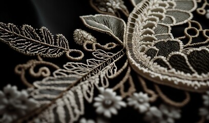 Obraz premium a close up of a black cloth with white flowers and leaves. generative ai