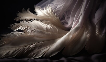  a close up of a white feather on a black background.  generative ai