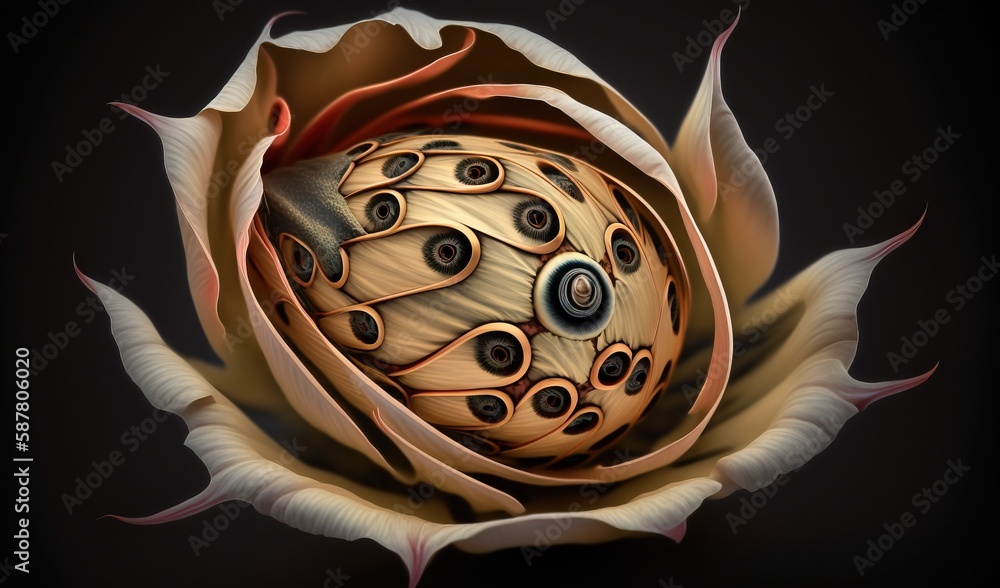 Poster a close up of a flower on a black background with a red center. generative ai
