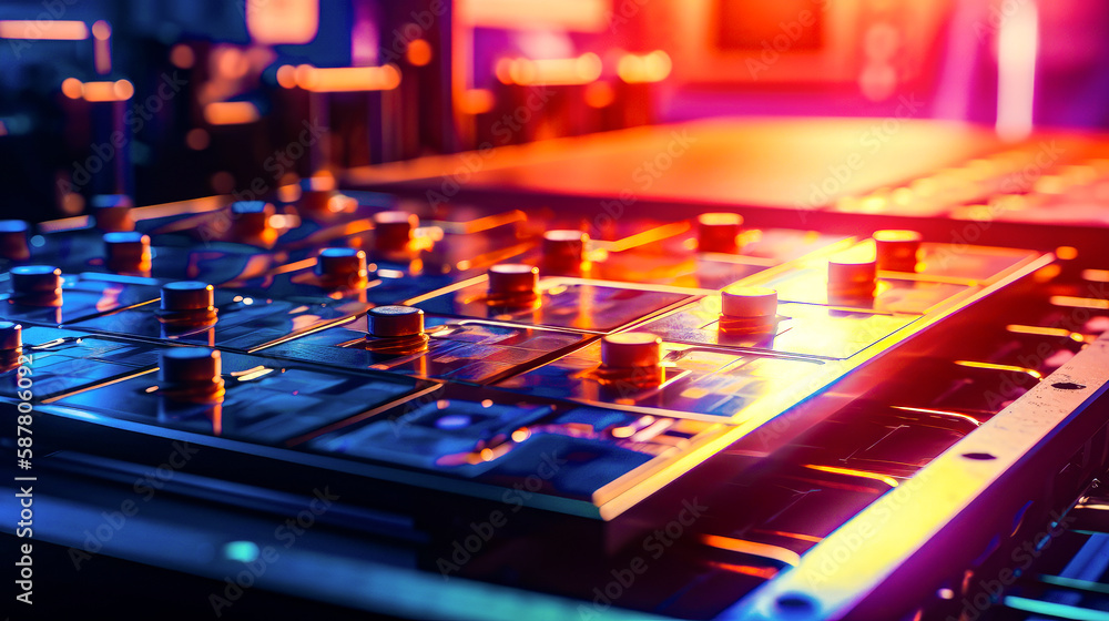 Poster close up of mixing board in recording studio. generative ai.