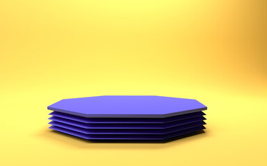 Modern blue octagon pedestal podium with shadow. Abstract minimal wall scene. Geometric backdrop with 3d shape product display presentation.