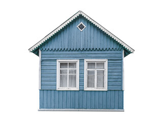Old small blue wooden village house with two windows built of planks isolated