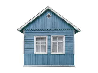 Old small blue wooden village house with two windows built of planks isolated