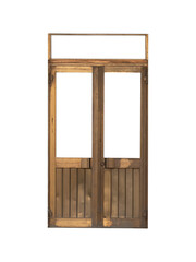 Abandoned modern brass of anodized aluminium double door with glass windows in doors and with a window from above isolated