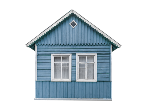 Old small blue wooden village house with two windows built of planks isolated