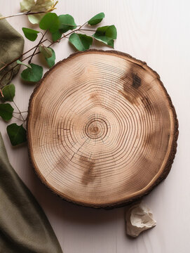 Rustic wooden slice on white table with empty space for menu or text. Country wood ring top view flatlay background. Generative AI
