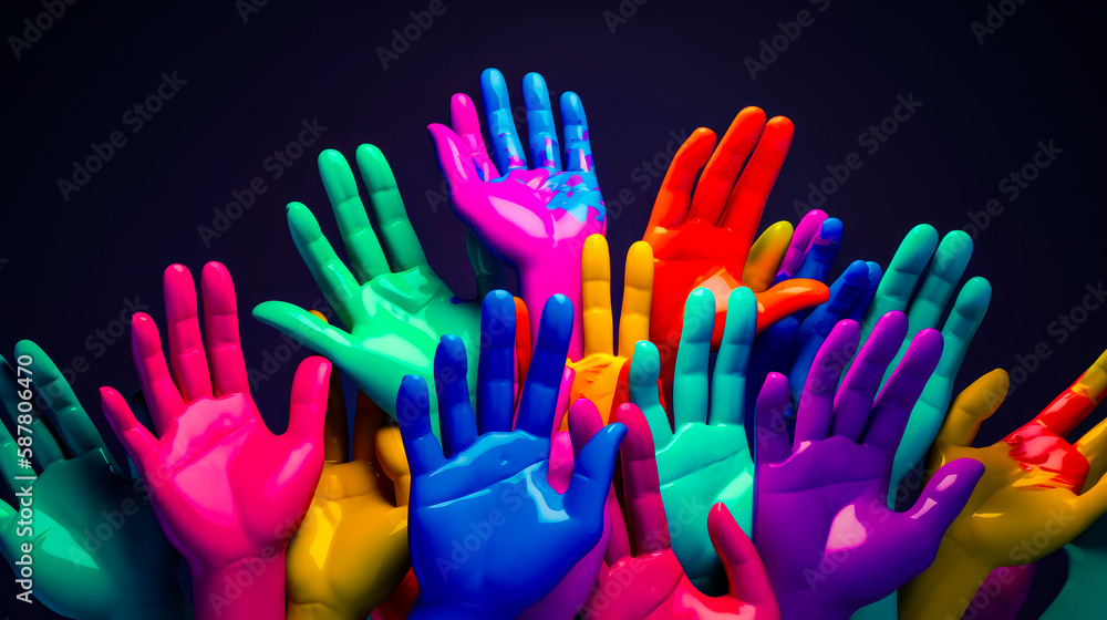 Poster group of multicolored hand prints on black background. generative ai.