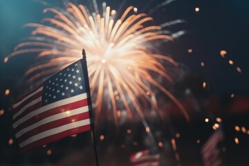 Patriotic spirit of the United States, with an American flag unfurled against a backdrop of colorful fireworks celebrating Independence Day Generative AI