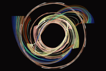 Multicolored pattern of curved lines on a black background. Abstract fractal 3D rendering