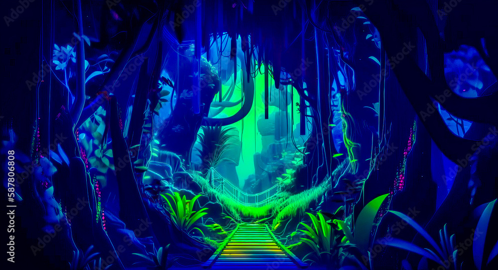 Poster digital painting of path through forest. generative ai.