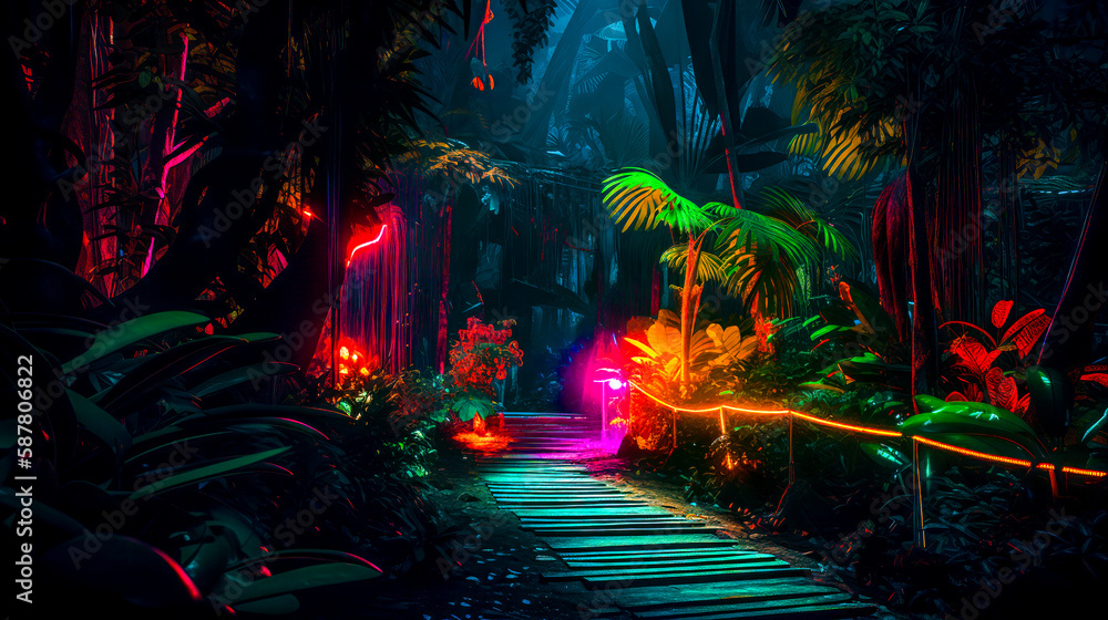 Aufkleber pathway in the middle of jungle with neon lights. generative ai.