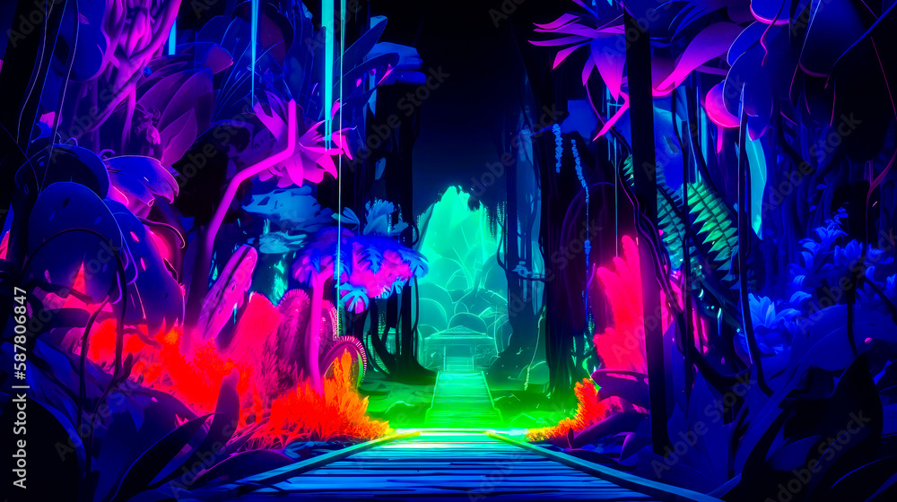 Poster dark tunnel with neon lights and trees. generative ai.