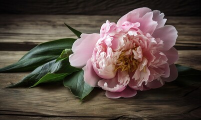  a pink flower with green leaves on a wooden surface with a dark background.  generative ai
