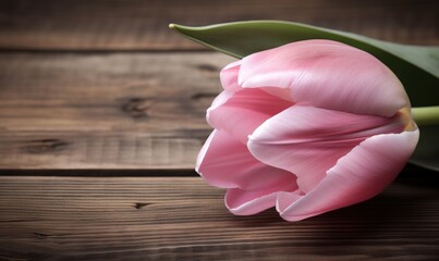  a pink tulip on a wooden surface with a green stem.  generative ai