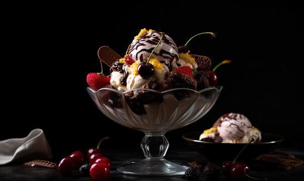  a bowl of ice cream with chocolate, cherries, and a spoon.  generative ai