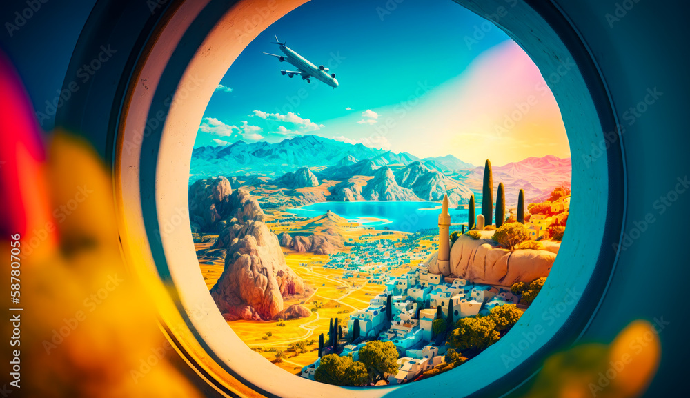 Aufkleber window view of scenic landscape with plane in the sky. generative ai.