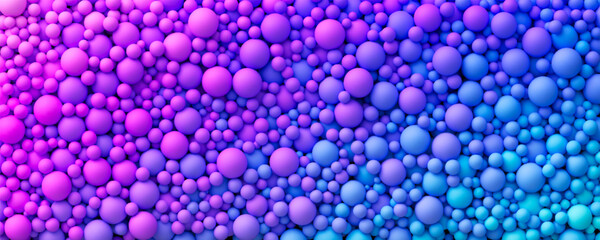 Many dreamy blue purple vibrant neon gradient random bright soft balls background. Huge pile of colorful neon balls in different sizes. Vector background