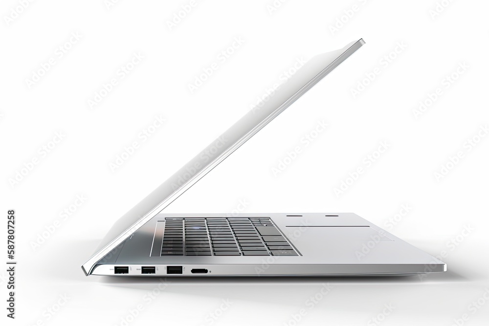 Poster illustration of an open laptop computer on a plain white background. generative ai