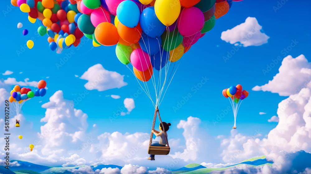 Poster bunch of balloons floating in the sky. generative ai.
