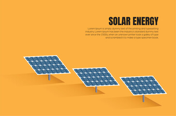 Solar panels farm in green fields during sunrise. Ecology environmental background for presentations, websites, infographics and banners.