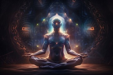 Illustration of human meditating, spirituality, astral body with light rays and chakra activation. AI generated