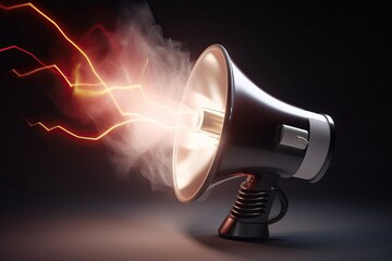 Marketing time concept, realistic megaphone, loudspeaker with lightning. AI generated