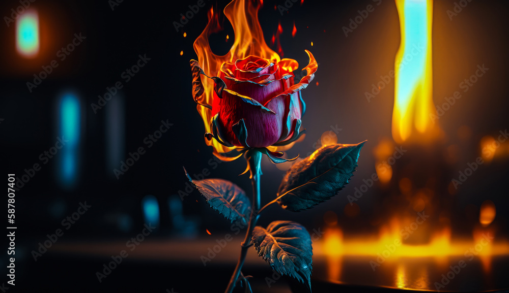 Poster red rose on table with flames in the background. generative ai.