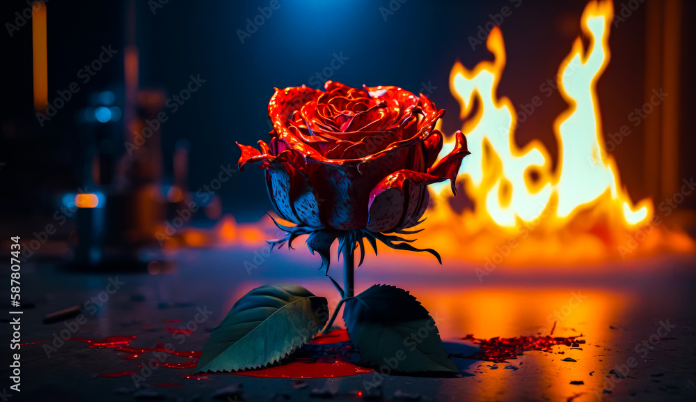 Poster red rose sitting on top of table next to fire. generative ai.
