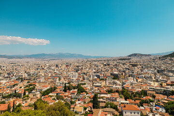 Fototapeta na wymiar Athens, Grece - July 16, 2020 - Panorama of Athens seen form Ancient Parthenon on the Acropolis hill