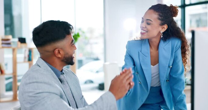 Computer, high five and business people in celebration in office for goals, targets or achievements. Success, teamwork and collaboration of happy man, woman or employees celebrate for congratulations