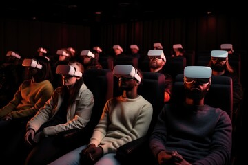 Virtual reality cinema, with a group of people wearing VR glasses while watching a movie Generative AI