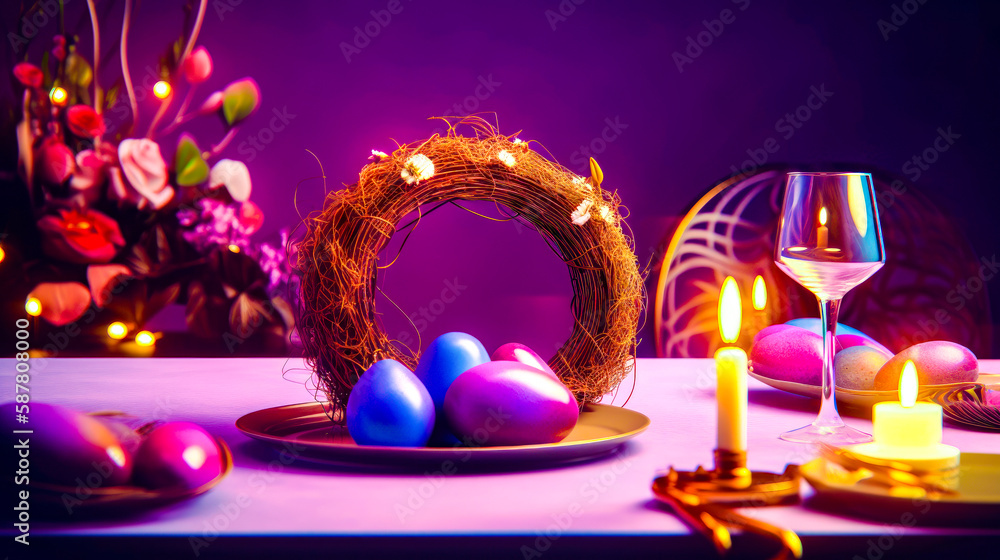 Poster table topped with plate of eggs next to candle. generative ai.