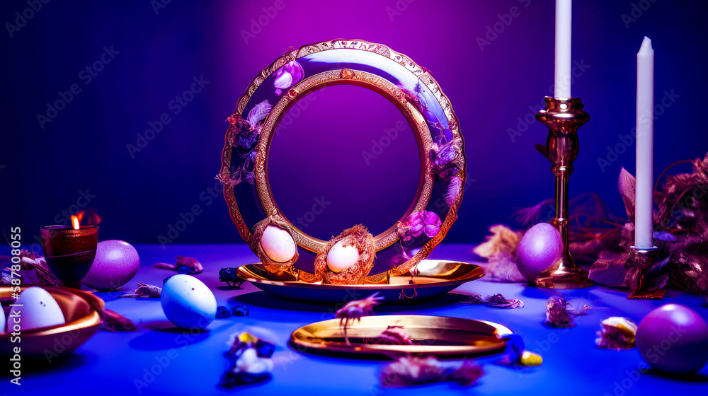 Poster table topped with plate covered in eggs. generative ai.