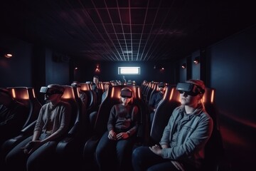 Virtual reality cinema, with a group of people wearing VR glasses while watching a movie Generative AI