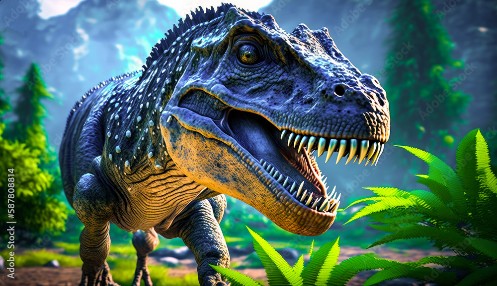 Poster dinosaur with its mouth open standing in the grass. generative ai.