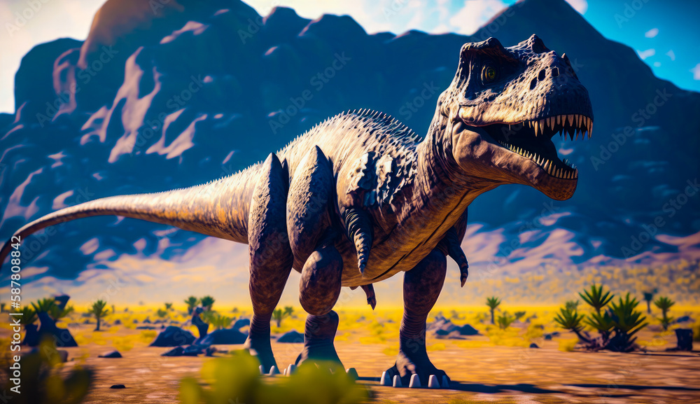 Poster dinosaur in desert with mountains in the background. generative ai.