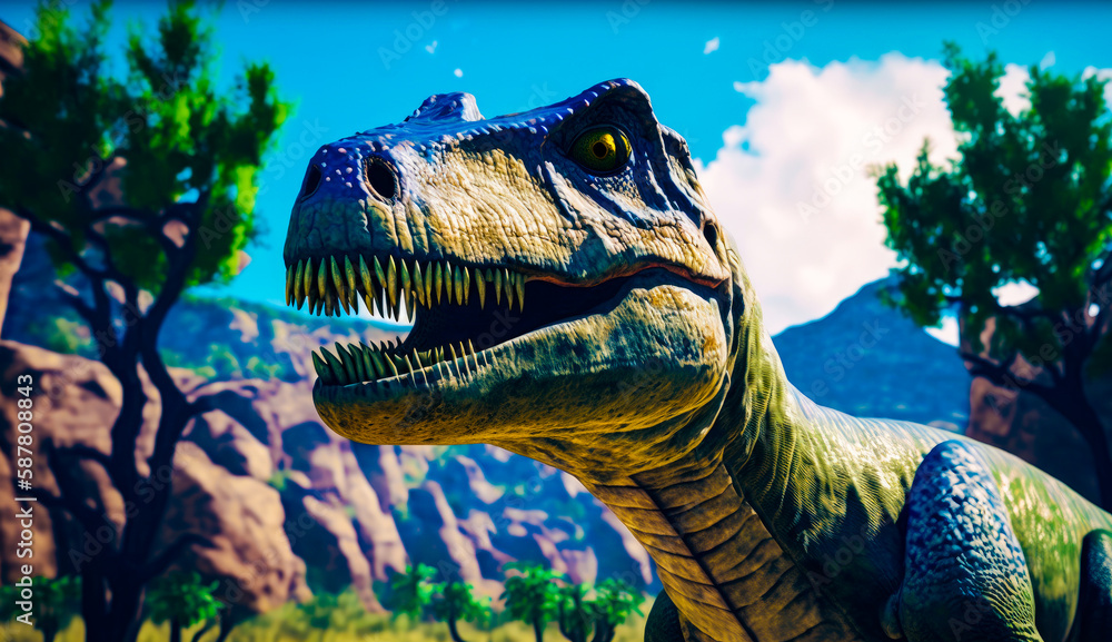 Poster dinosaur with its mouth open standing in field. generative ai.