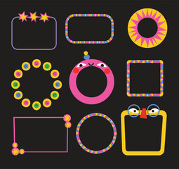 Cute cartoon set picture frames. Modern frames for positive bright design. Isolated clip art for kids with smiles and geometric shapes. 