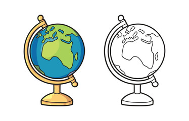 Globe on a stand in cute cartoon style. Vector illustration outline for coloring pages. 