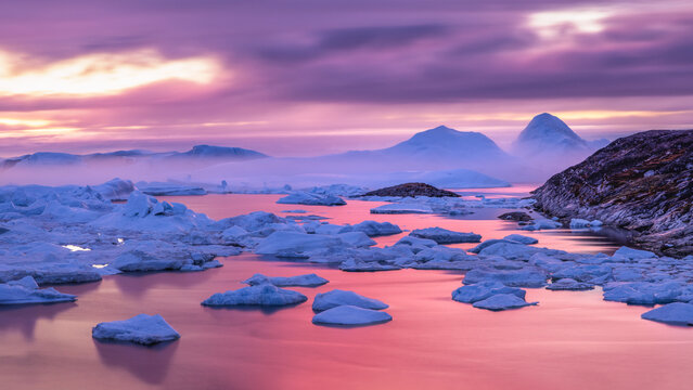 Pink sunset in Ilulissat Icefjord in Greenland