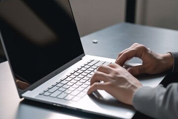 Fototapeta na wymiar A person typing on a blank screen laptop. Laptop screen mockup