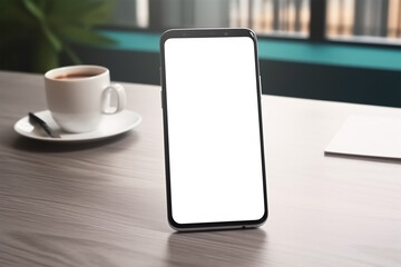 A blank white screen smartphone on a wooden table. smartphone screen mockup
