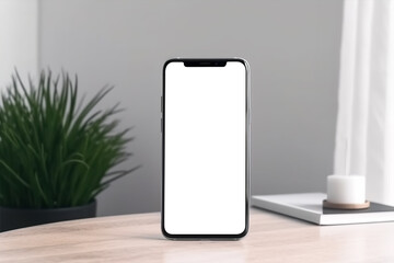 A blank white screen smartphone on a wooden table. smartphone screen mockup
